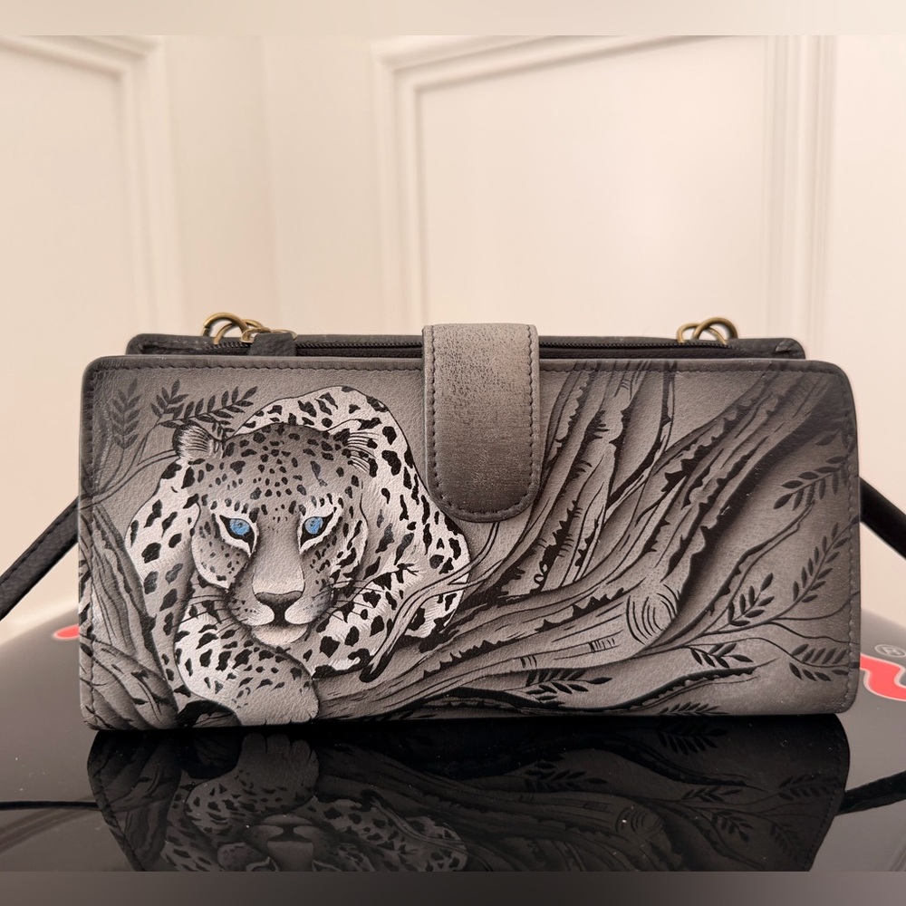 Anna by Anuschka Hand-Painted Leather Leopard Organizer Crossbody Wallet
